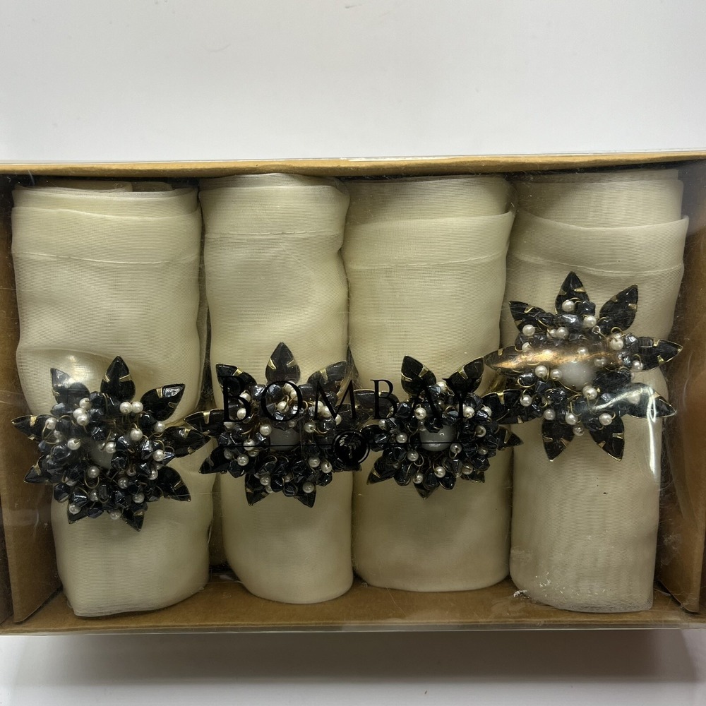 VTG Bombay Company BLACK PEARL Napkin Rings Boxed Set of 4 w/Napkins, NOS